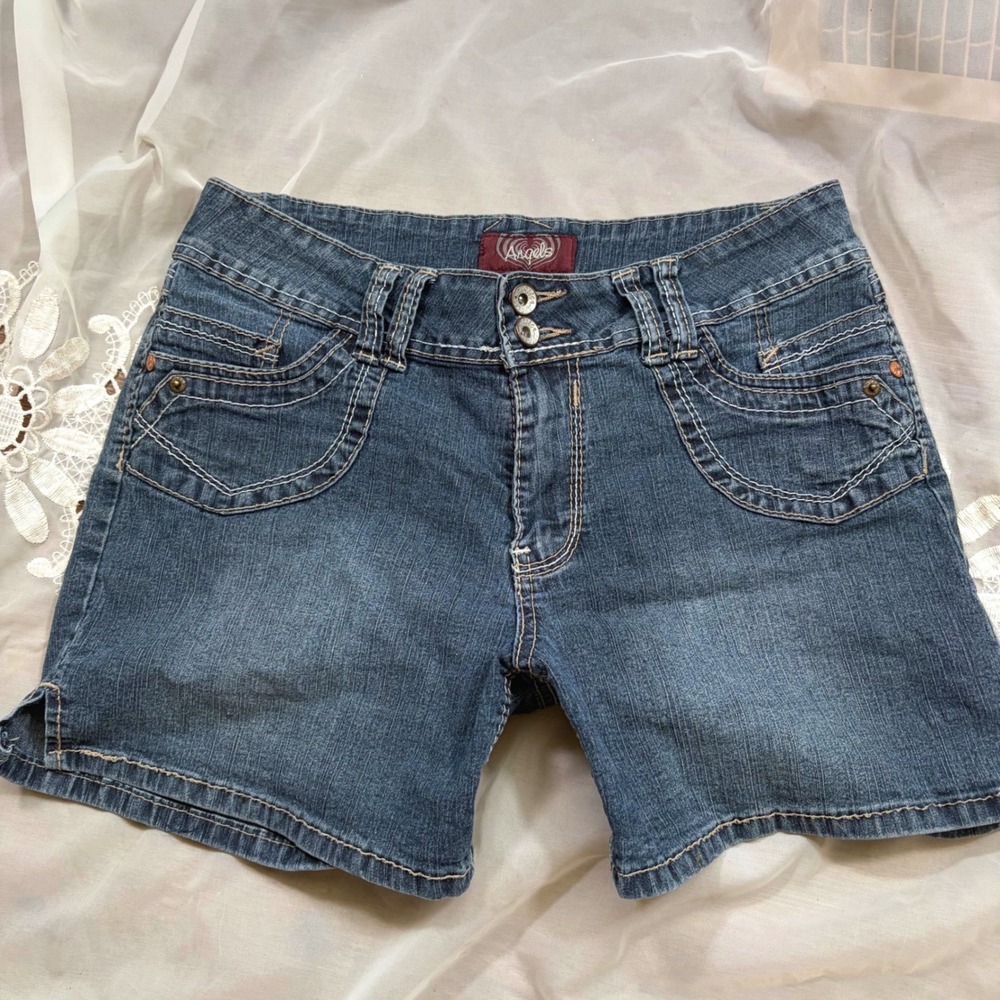 y2k Angels Womens Denim Shorts Medium Wash Double Button Contrast Stitch Size 10